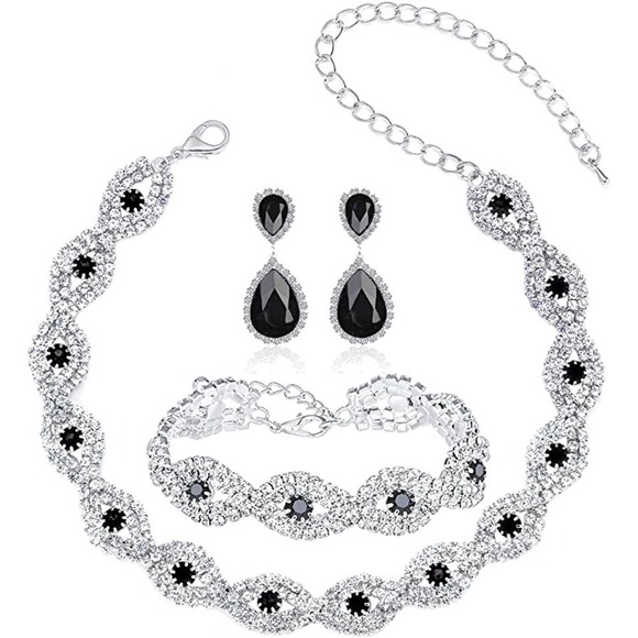 Black Siver Crystal Necklace Set CZ Cubic  Rhinestone Necklace Bracelet Earrings - Picture 3 of 5
